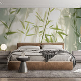 Bamboo wall mural creating a peaceful atmosphere in a modern living room with natural light highlighting the shadow patterns