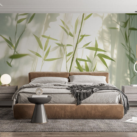 Bamboo wall mural creating a peaceful atmosphere in a modern living room with natural light highlighting the shadow patterns