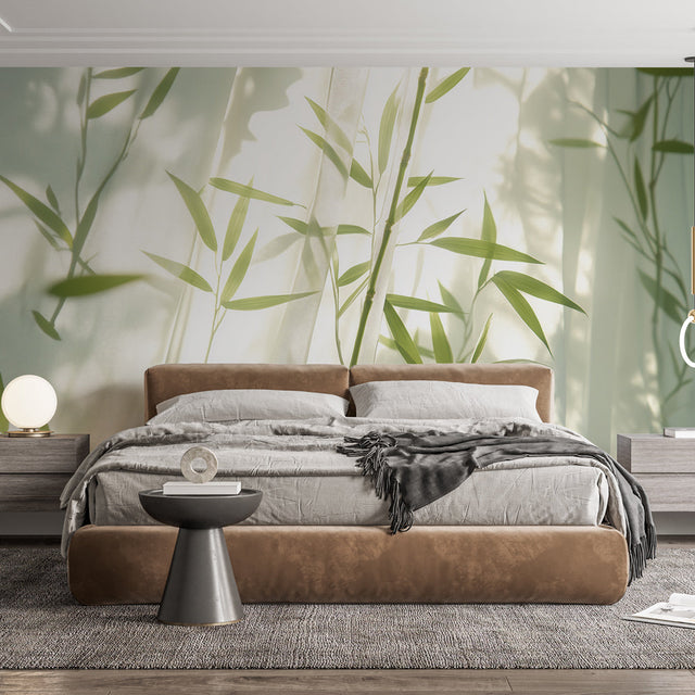 Bamboo wall mural creating a peaceful atmosphere in a modern living room with natural light highlighting the shadow patterns