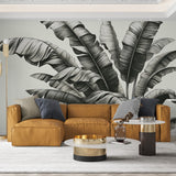 Black and white banana leaf wallpaper mural creating a striking accent wall in a modern living room with minimal furniture