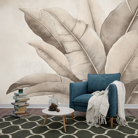 Beige Botanical Leaf Mural creating a serene atmosphere in a modern living room with natural light
