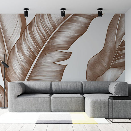 Brown banana leaf line art wallpaper in modern dining room with natural light showing scale and sophistication