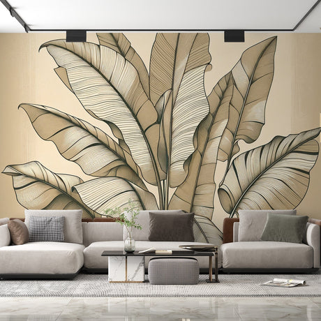 Banana leaf line art wallpaper in a bright modern living room, creating a fresh and open atmosphere with beige botanical patterns
