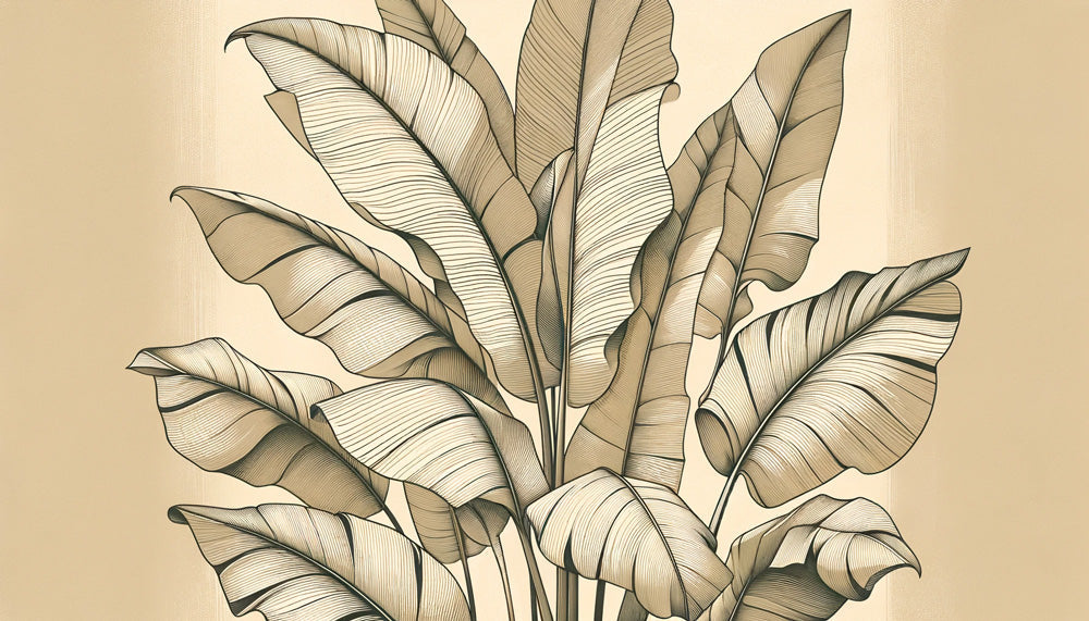 Botanical line art design file showing detailed banana leaf pattern in beige tones