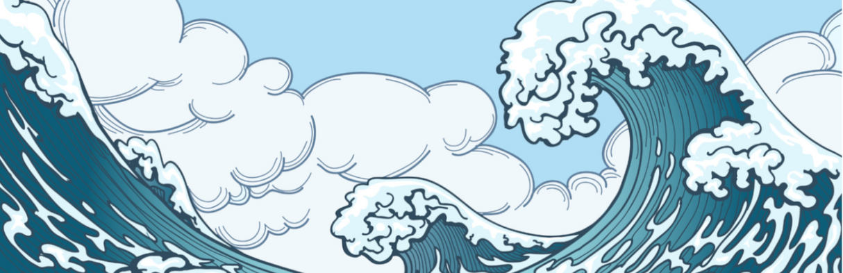 Japanese Wave Mural Wallpaper | Great Wave with Clouds and Cactus
