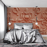 3D damask wallpaper creating dramatic accent wall in hallway