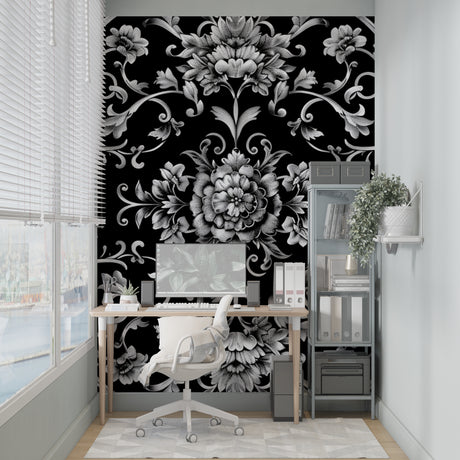 Black and silver baroque wallpaper in elegant living room with high ceilings
