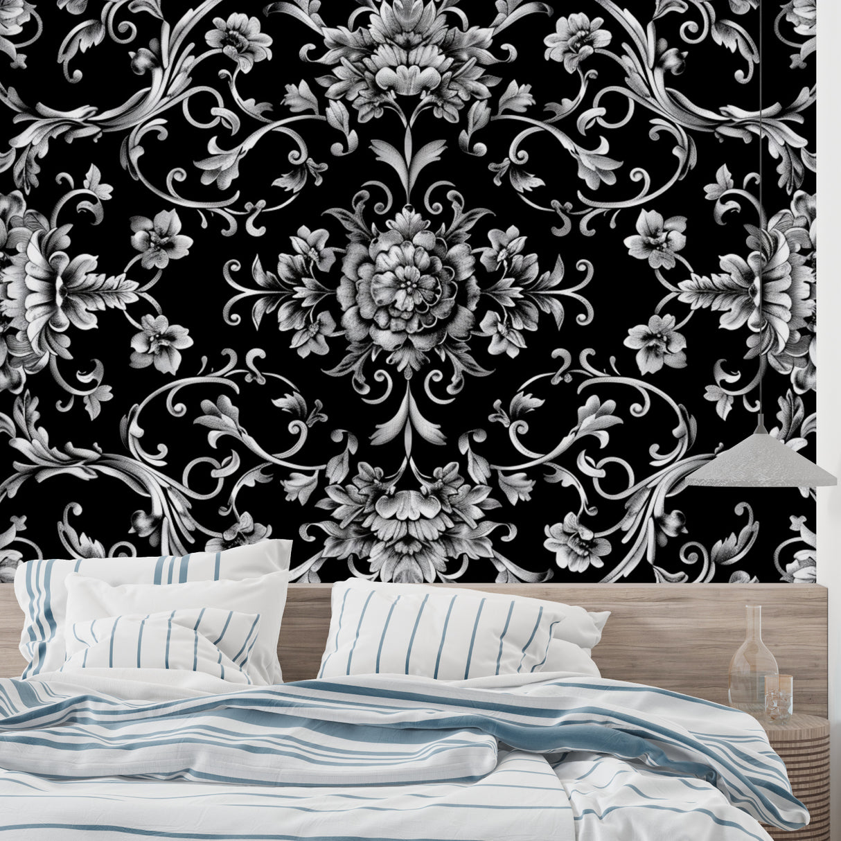 Baroque silver floral pattern wallpaper in modern dining room setting