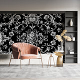 Dramatic black and silver floral wallpaper in hallway setting