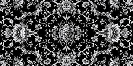 Design file showing intricate black and silver baroque floral pattern