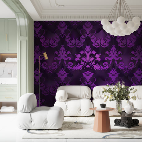 Purple and black baroque wallpaper in modern dining room with crystal chandelier