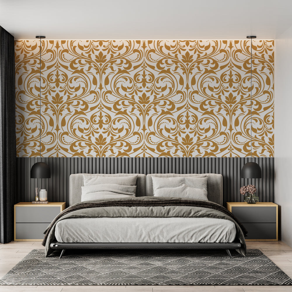 Gold and white damask wall mural creating luxury atmosphere in master bedroom