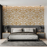 Gold and white damask wall mural creating luxury atmosphere in master bedroom