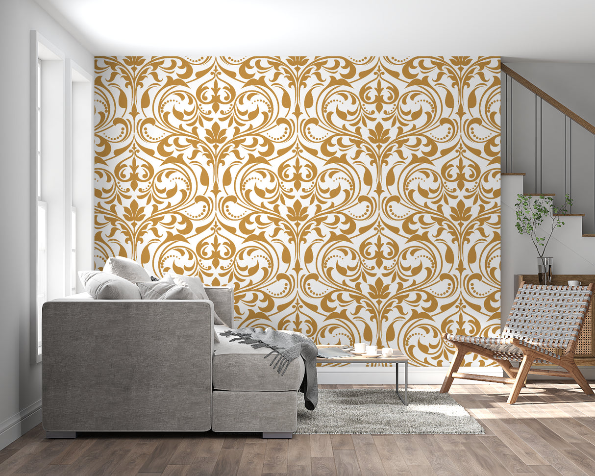 Baroque pattern wallpaper making a statement in elegant dining room setup