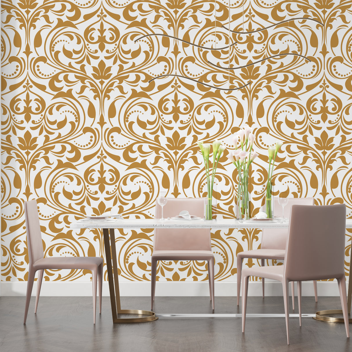 White and gold damask wallpaper enhancing hotel-style entrance hallway