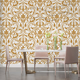 White and gold damask wallpaper enhancing hotel-style entrance hallway