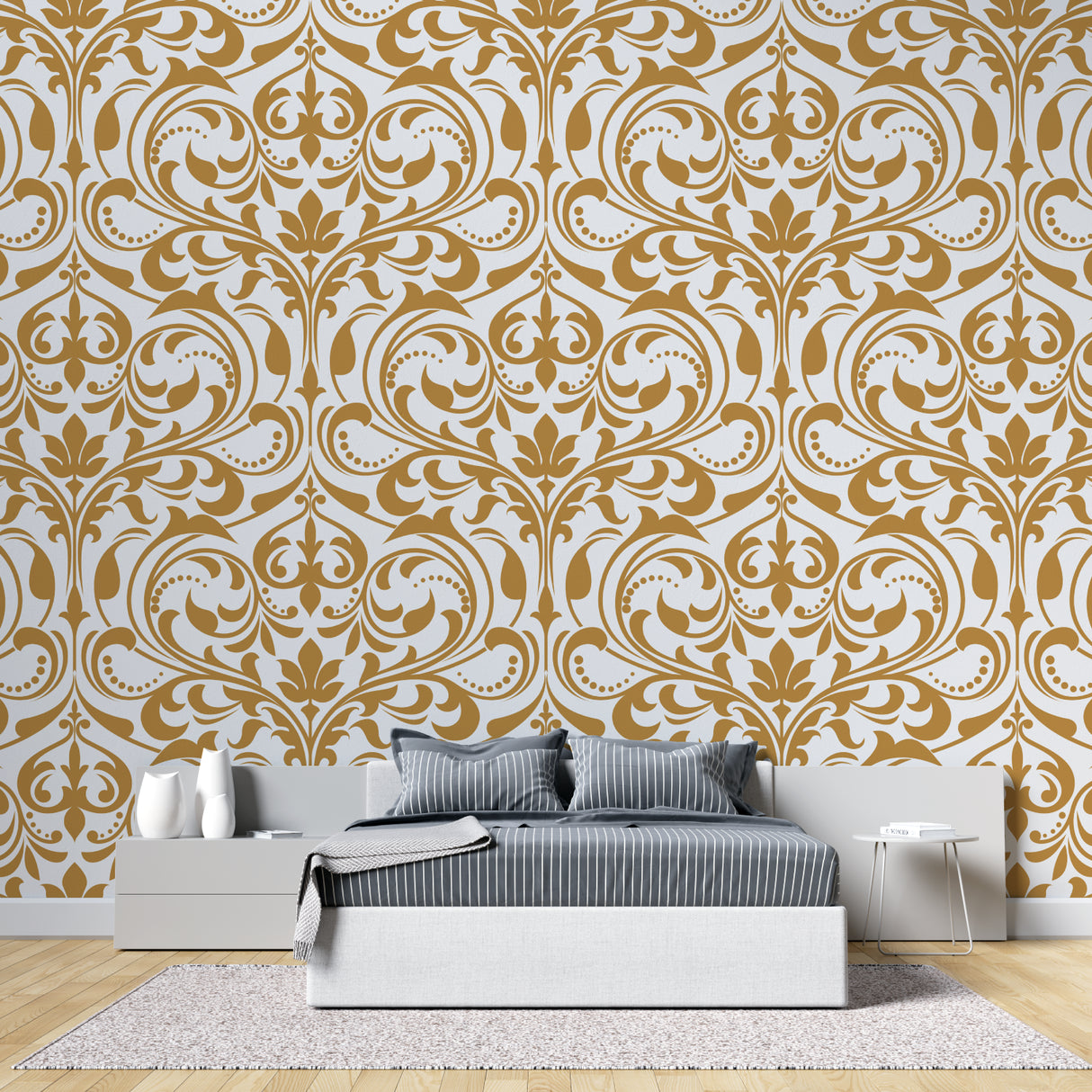 Luxury damask wall mural brightening up home office space with golden details