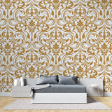 Luxury damask wall mural brightening up home office space with golden details