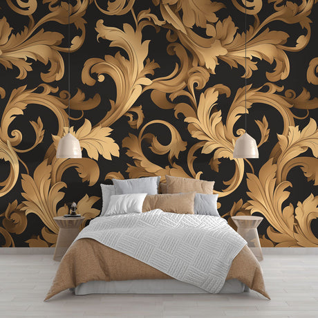 Baroque black and gold wallpaper mural in a luxury dining room with crystal chandelier and dark wood furniture