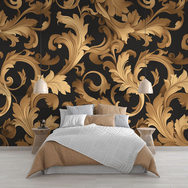 Baroque black and gold wallpaper mural in a luxury dining room with crystal chandelier and dark wood furniture