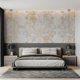 Baroque gold damask wallpaper in elegant dining room with crystal chandelier