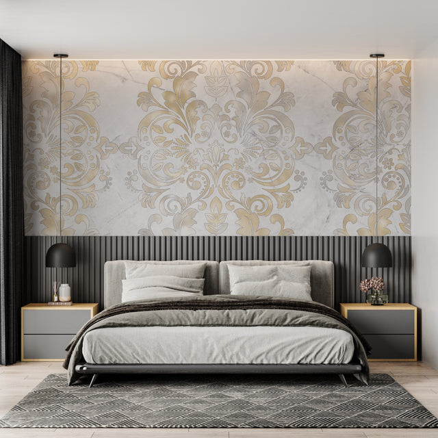 Baroque gold damask wallpaper in elegant dining room with crystal chandelier