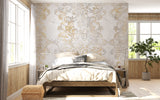 Master bedroom featuring gold and beige marble damask wallpaper with soft lighting