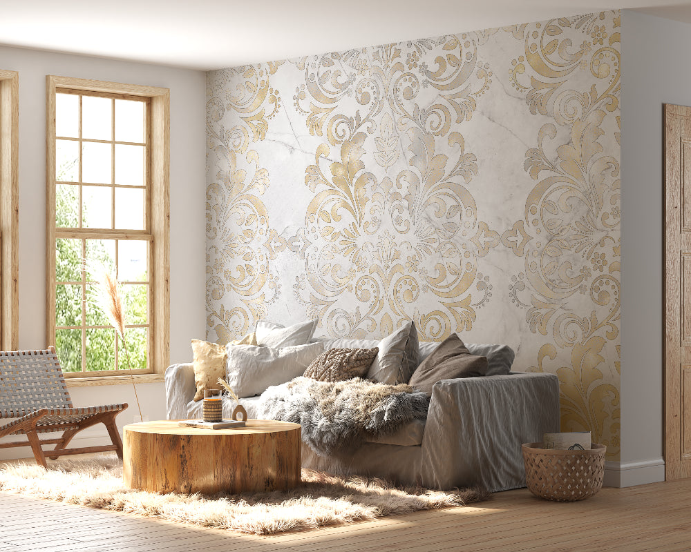Home office space with gold damask marble wallpaper feature wall