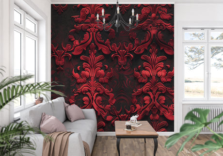 Baroque 3D damask wallpaper creating depth in modern living room with red and black tones