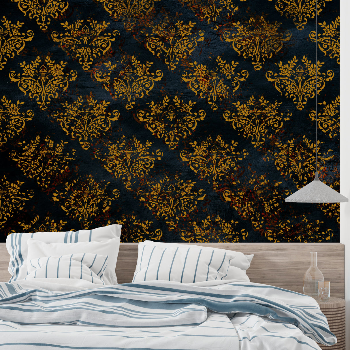 Baroque wallpaper in elegant dining room showing gold damask pattern against black background