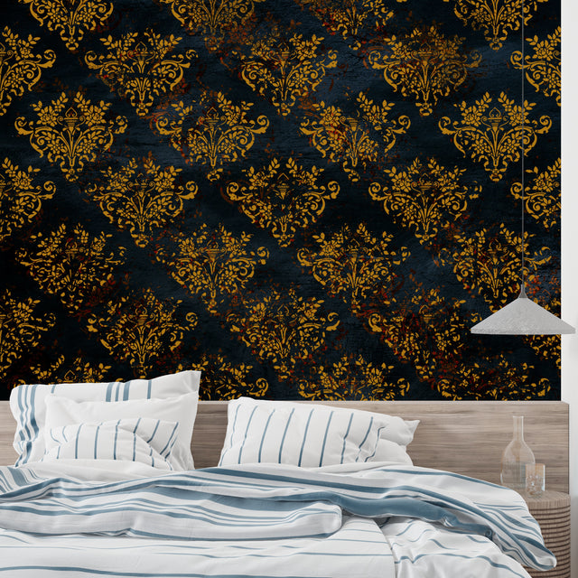 Baroque wallpaper in elegant dining room showing gold damask pattern against black background
