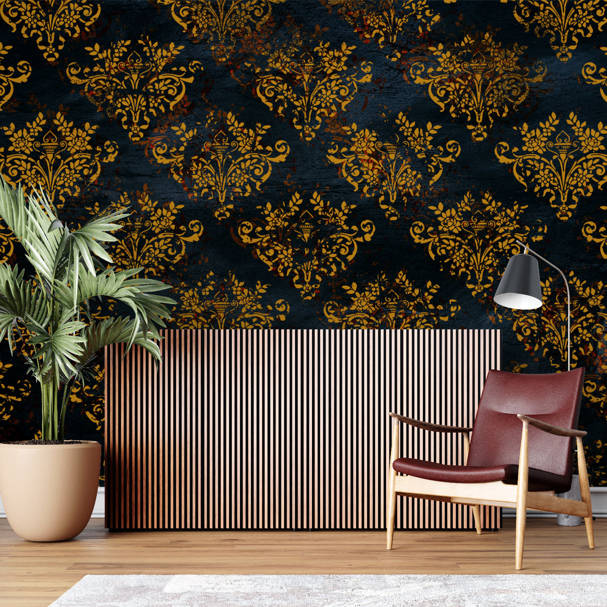 Black and gold damask wallpaper creating luxury atmosphere in master bedroom
