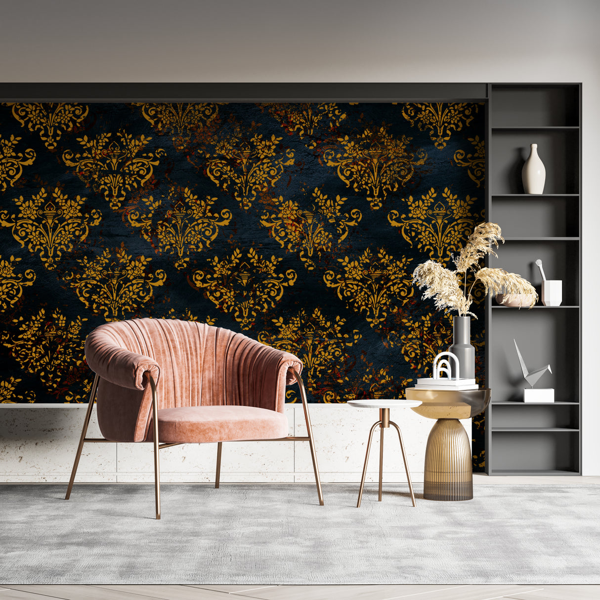 Gold baroque wallpaper adding sophistication to hotel lobby entrance