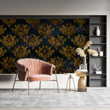 Gold baroque wallpaper adding sophistication to hotel lobby entrance