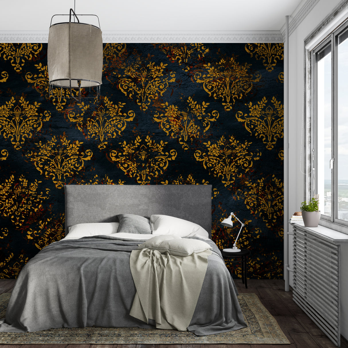 Vintage damask wall mural showcased in upscale restaurant setting
