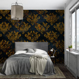Vintage damask wall mural showcased in upscale restaurant setting