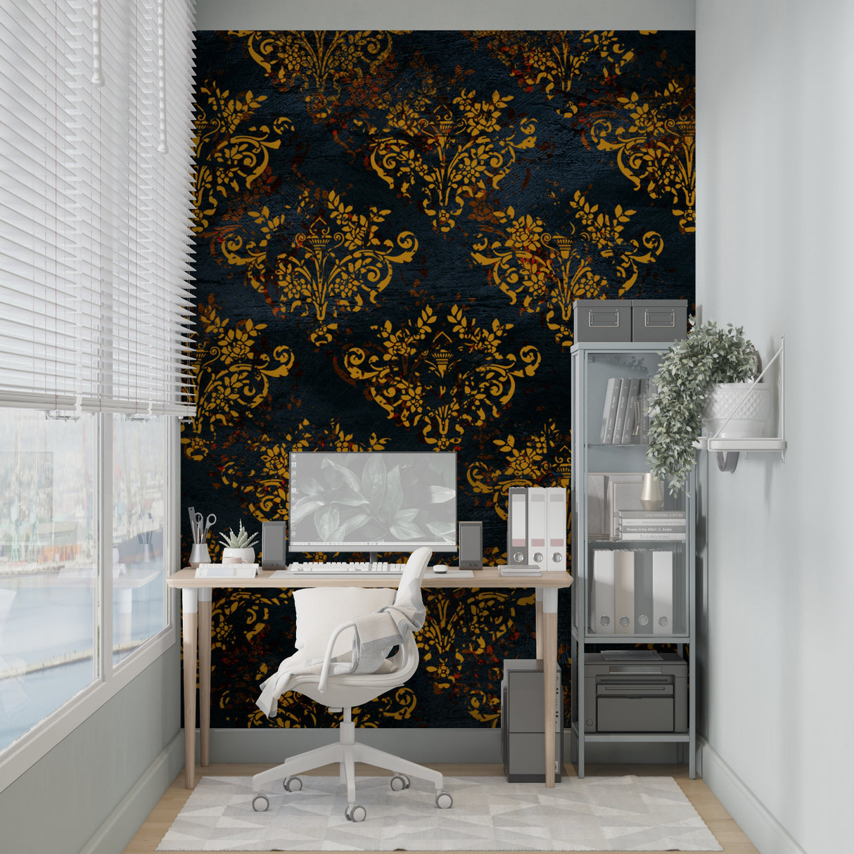 Baroque pattern mural making statement in modern living room