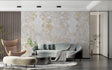 Baroque white and gold damask wallpaper in luxury living room setting showing intricate pattern detail