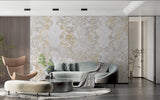 Baroque white and gold damask wallpaper in luxury living room setting showing intricate pattern detail