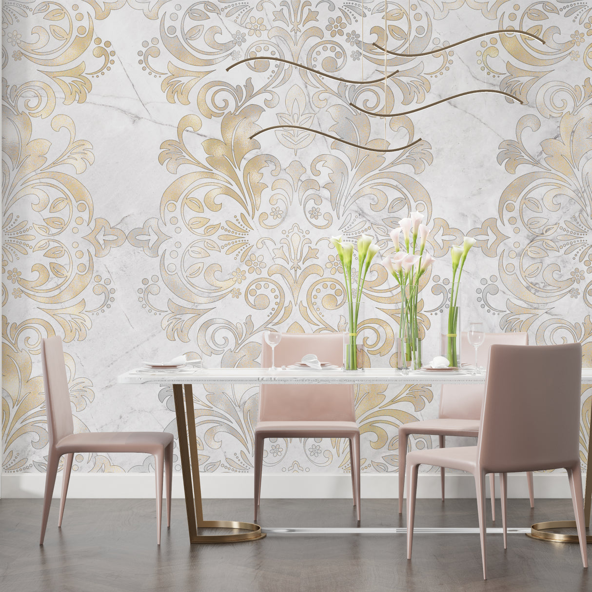 Elegant damask wall mural in master bedroom with morning light highlighting gold details