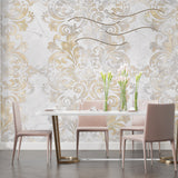 Elegant damask wall mural in master bedroom with morning light highlighting gold details