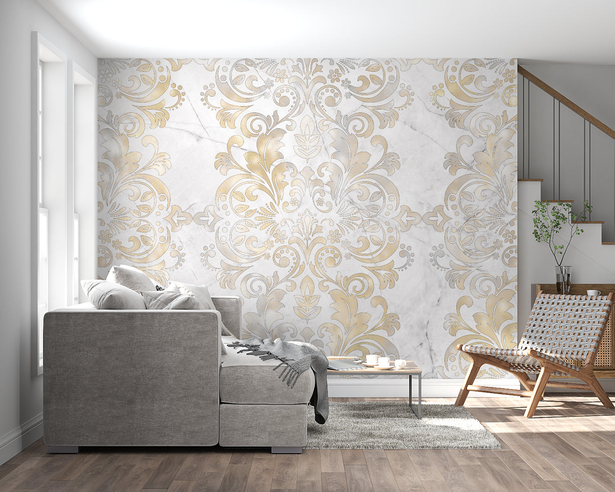 White and gold baroque wallpaper creating sophisticated atmosphere in dining room
