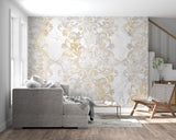 White and gold baroque wallpaper creating sophisticated atmosphere in dining room