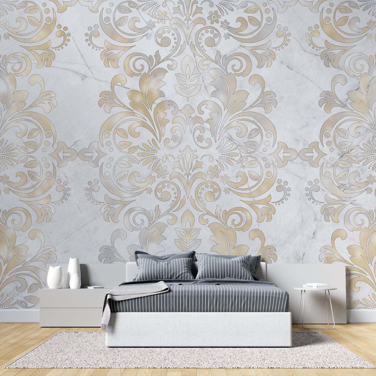Gold damask wallpaper bringing luxury to entrance hallway with chandelier