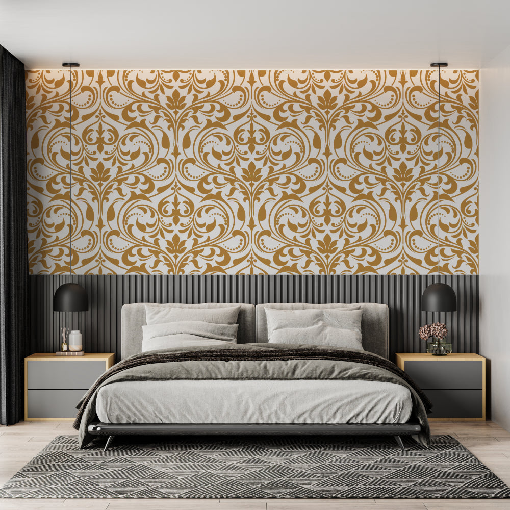 Gold damask wallpaper making statement in luxury hotel entrance