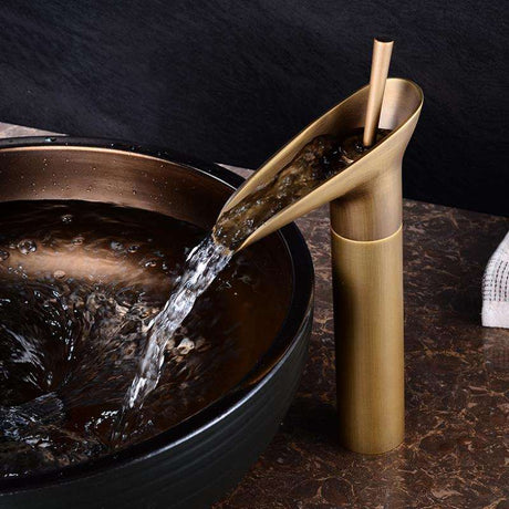 Waterfall Bathroom Faucet  Antique Brass Single Handle Design - Product showcase