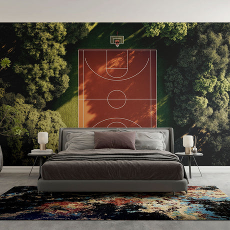 Basketball court mural wallpaper shown in modern teen bedroom, creating an energetic sports-themed atmosphere