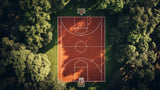Basketball court wallpaper design file showing aerial view of terracotta court surrounded by forest canopy