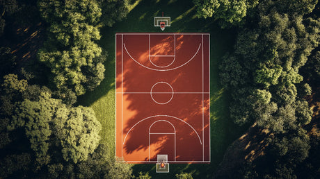 Basketball court wallpaper design file showing aerial view of terracotta court surrounded by forest canopy