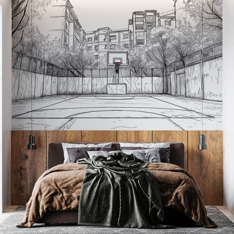 Basketball court mural wallpaper displayed in a modern teen bedroom, showing urban sketch design with natural lighting